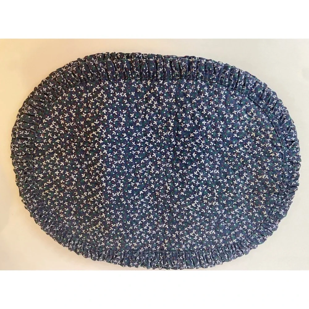 Vintage Navy Blue Calico Floral Quilted Ruffle Oval Placemats Set of 3 Cottage